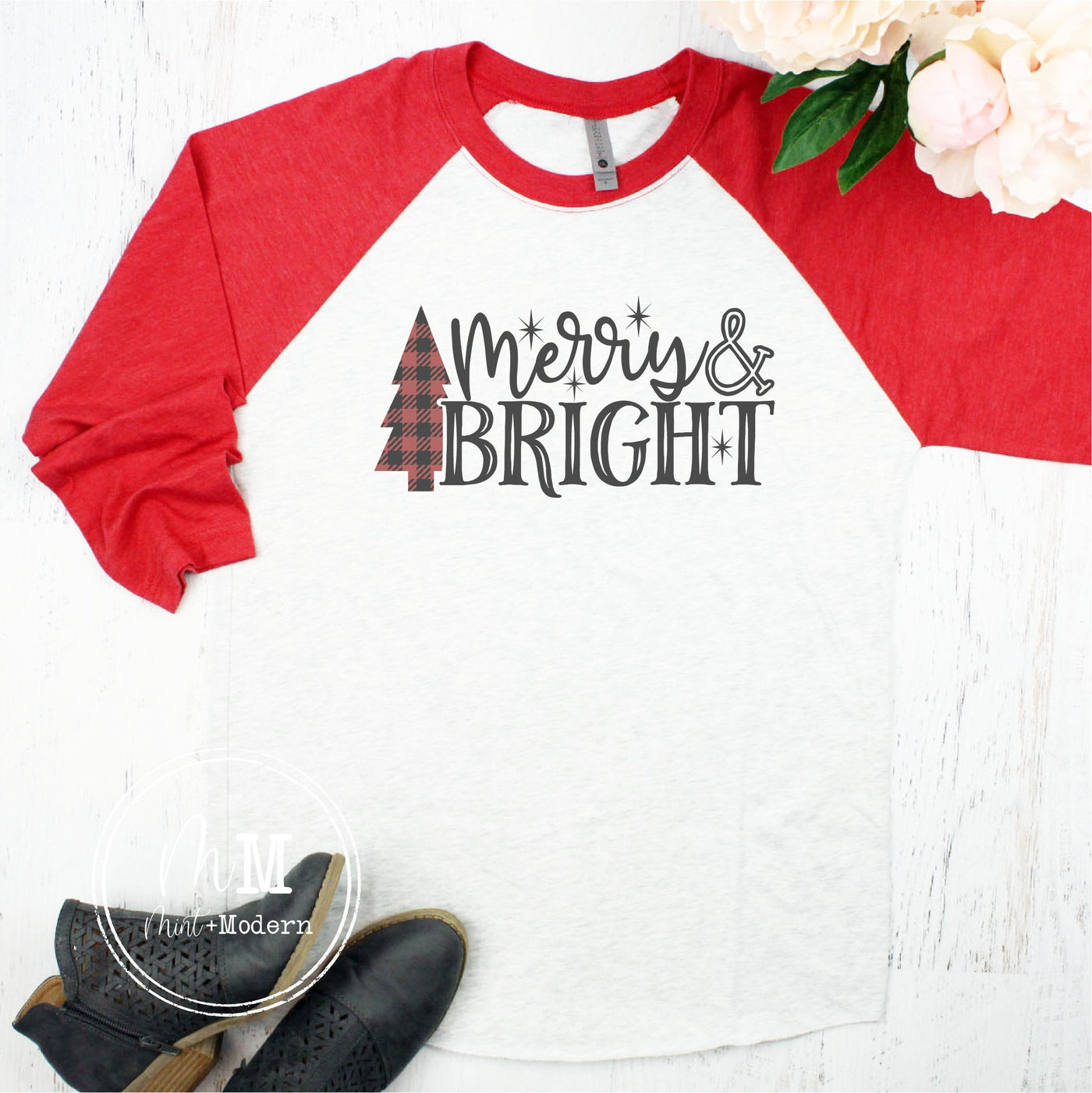 Merry & Bright Buffalo Plaid Raglan - Christmas Baseball Shirt
