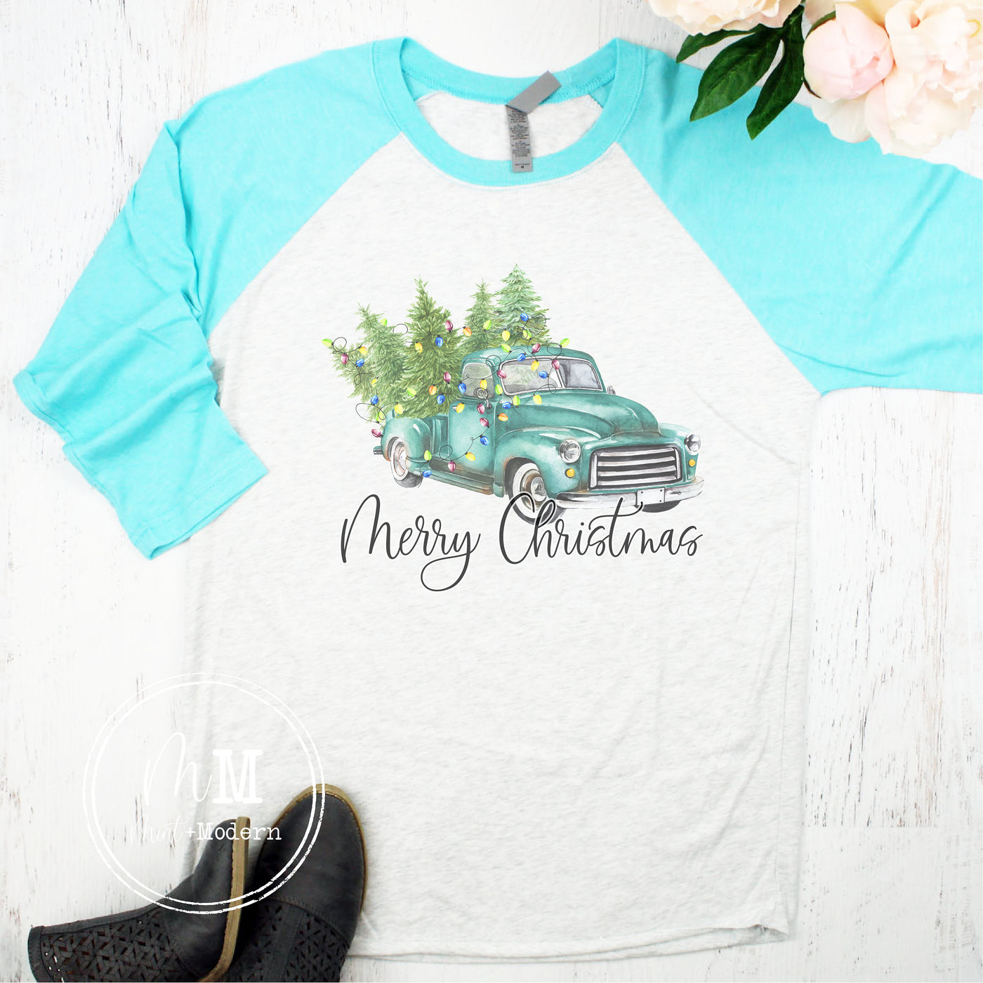 Blue Christmas Truck Raglan - Christmas Baseball Shirt