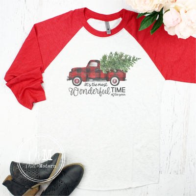 Buffalo Plaid Christmas Truck Raglan - Christmas Shirt