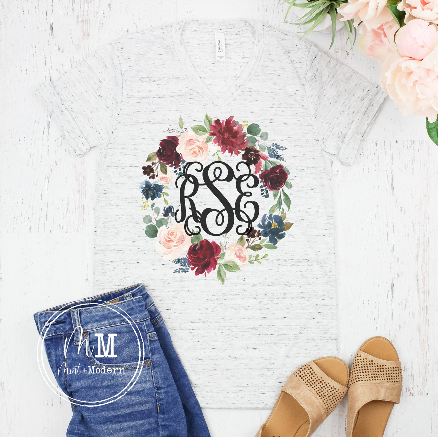 Floral Monogram Wreath Shirt - Monogram Shirt - Full Color Shirt