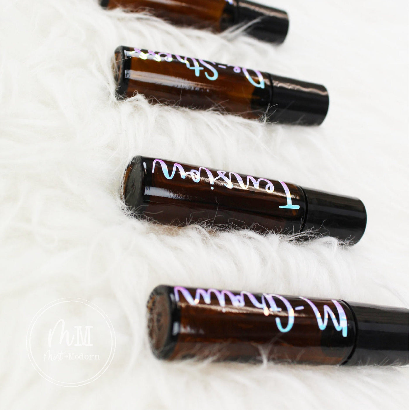 Set of 5 Amber 10ml Essential Oil Roller Bottle with Holographic Labels