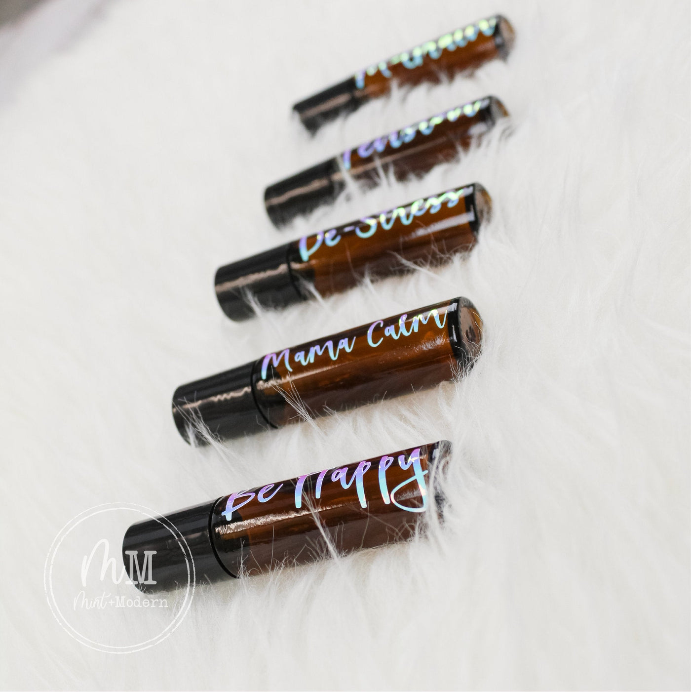 Set of 5 Amber 10ml Essential Oil Roller Bottle with Holographic Labels