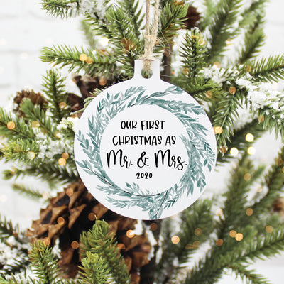 First Christmas as Mr. and Mrs. Aluminum Circle Christmas Ornament