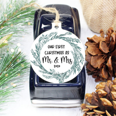 First Christmas as Mr. and Mrs. Aluminum Circle Christmas Ornament