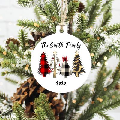 Family Name with Mixed Pattern Trees Aluminum Circle Christmas Ornament