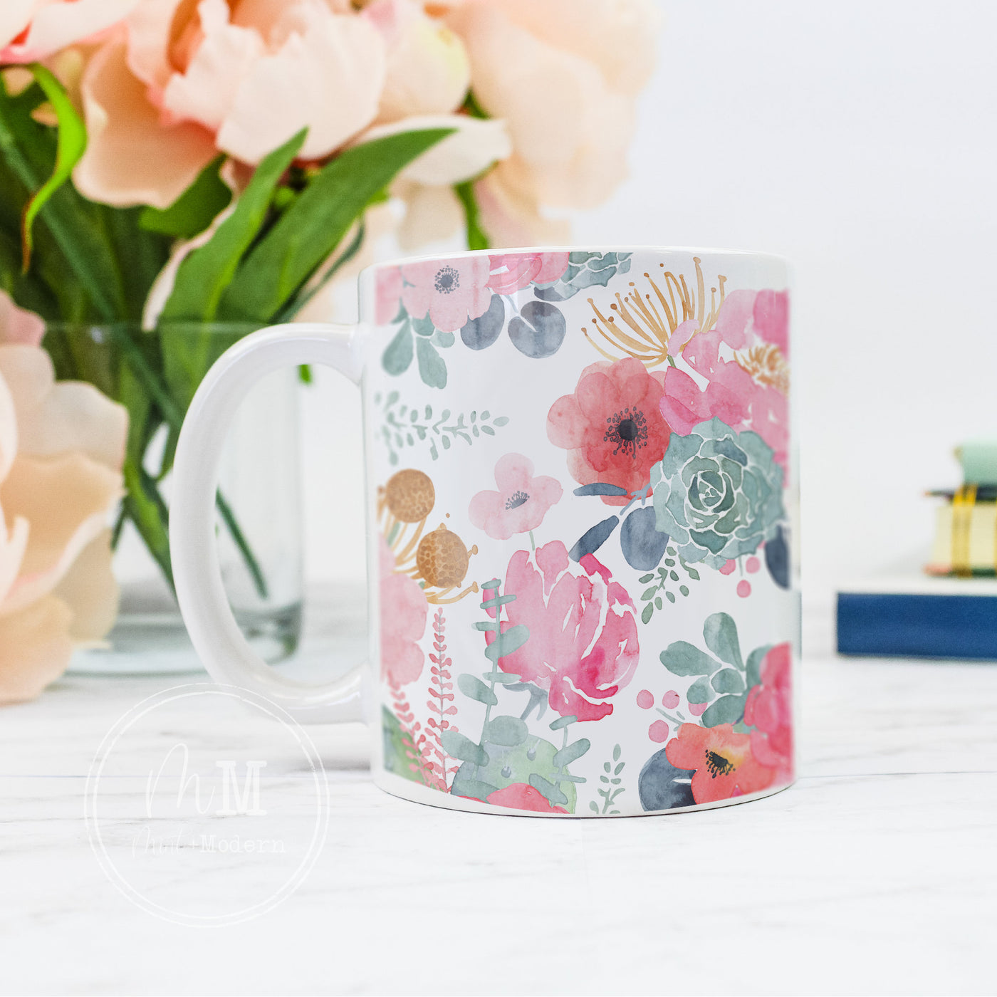 Pink Floral Print Ceramic Coffee Mug 11oz