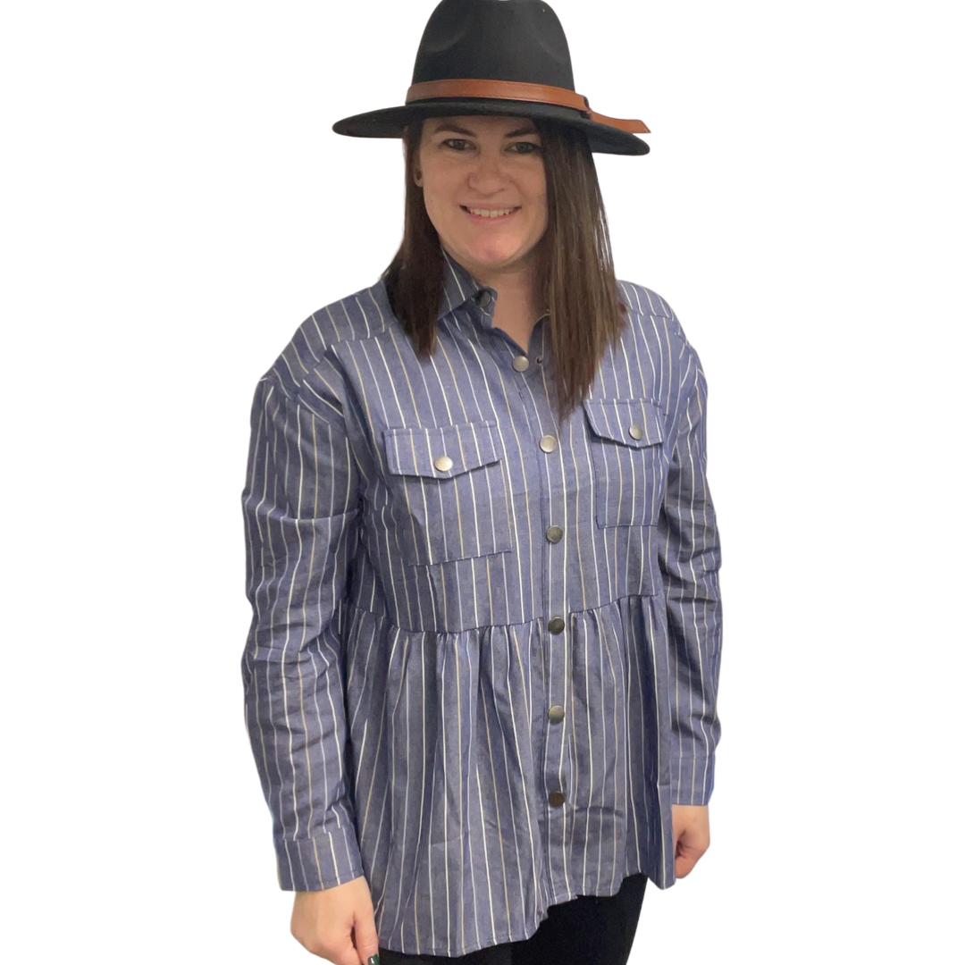 Plus Size Denim Blue Button Down Babydoll Shirt Jacket