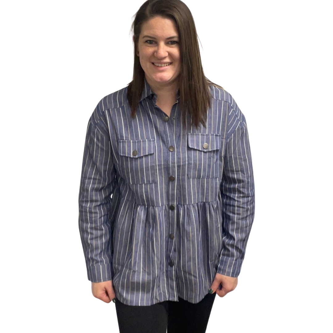 Plus Size Denim Blue Button Down Babydoll Shirt Jacket