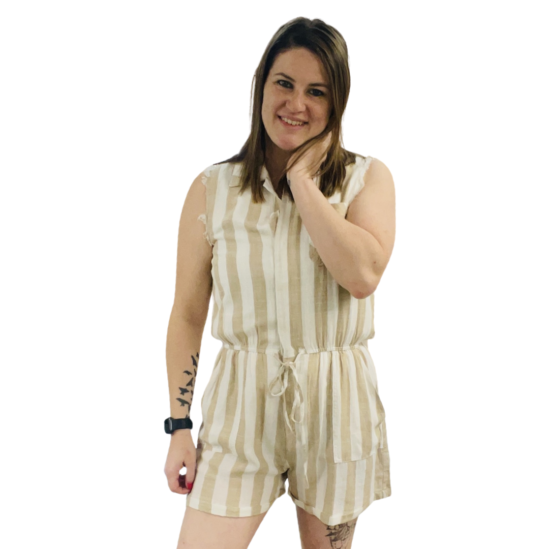 Tan Linen Stripe Frayed Romper