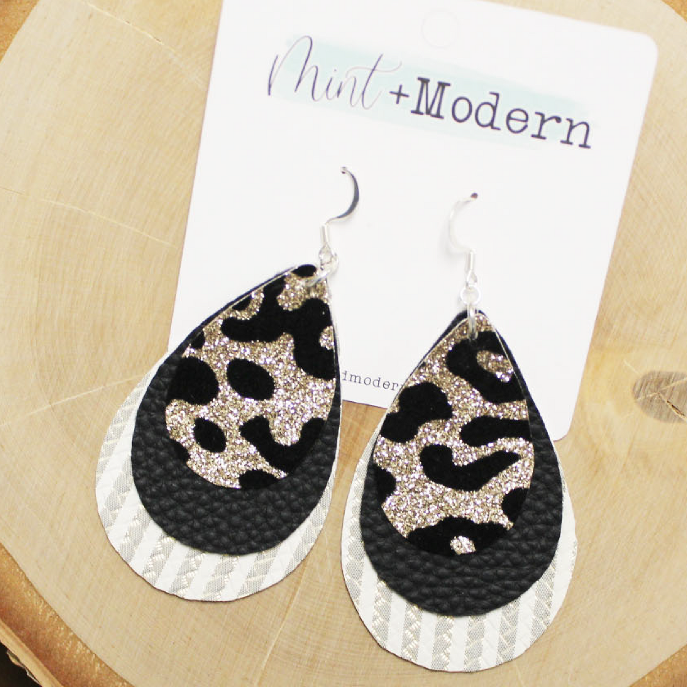 Black, Leopard & Stripe Vegan Leather Handmade Earrings