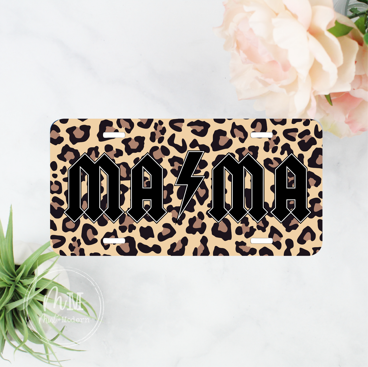 Heavy Metal Mama Tan Leopard Front License Plate