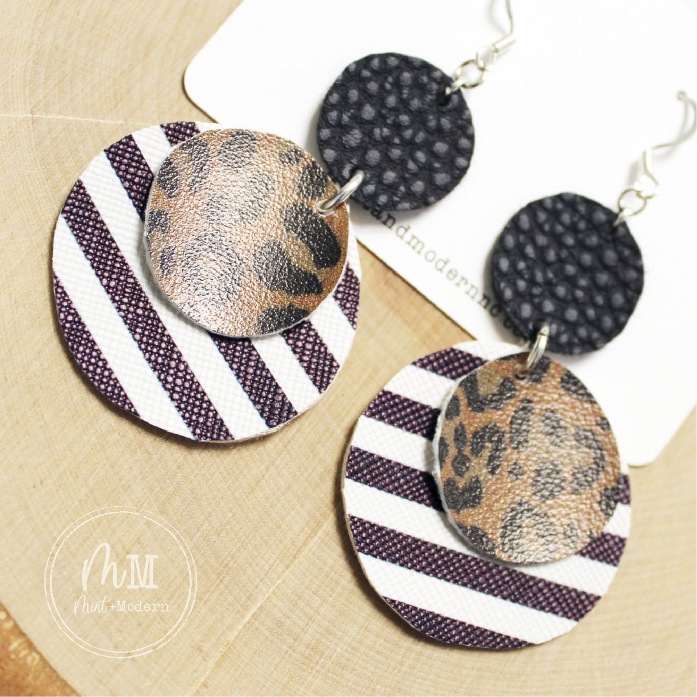 Black Stripe and Leopard Vegan Leather Handmade Earrings