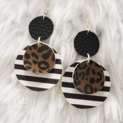 Black Stripe and Leopard Vegan Leather Handmade Earrings