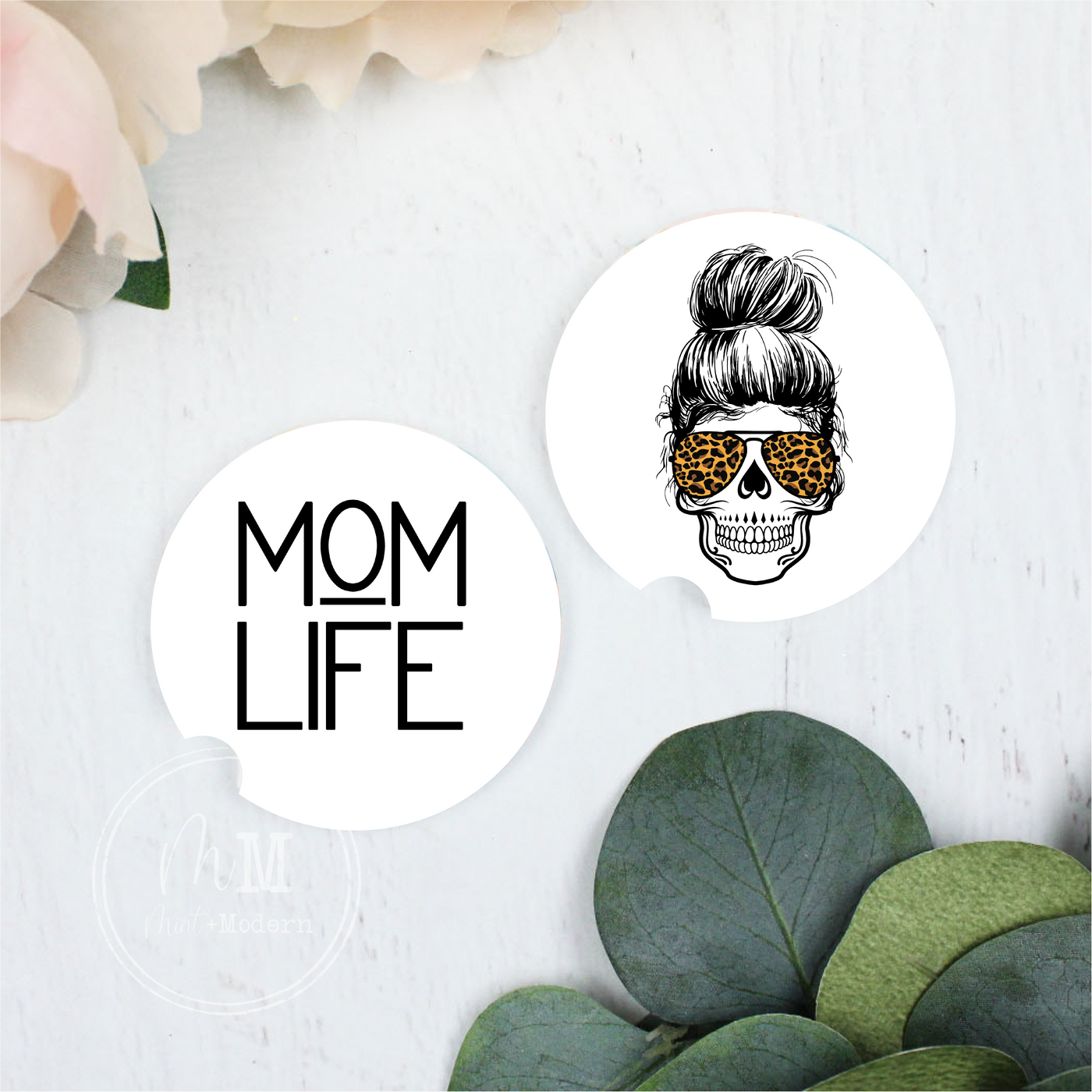 Mom Life Messy Bun Skull Sign Ceramic Car Coaster Set 2.5" Diameter