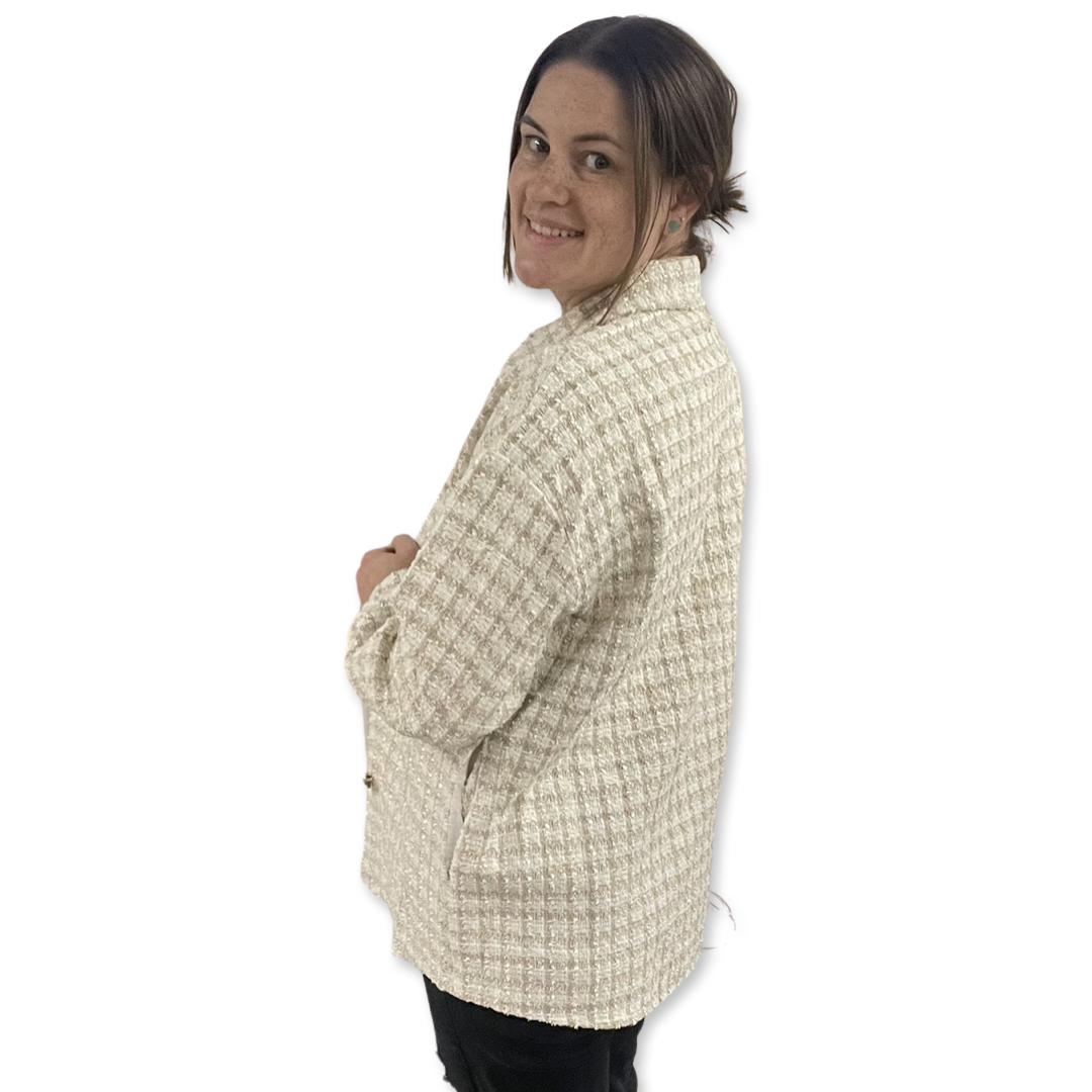 Neutral Plaid Tweed Long Sleeve Jacket