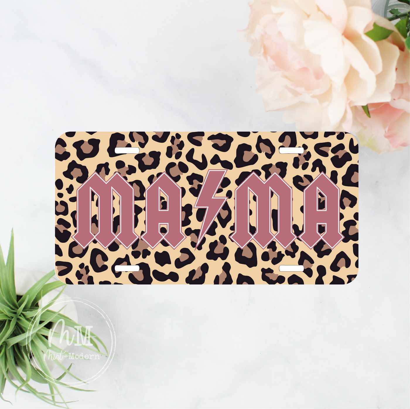 Heavy Metal Mama Tan Leopard & Rose Front License Plate