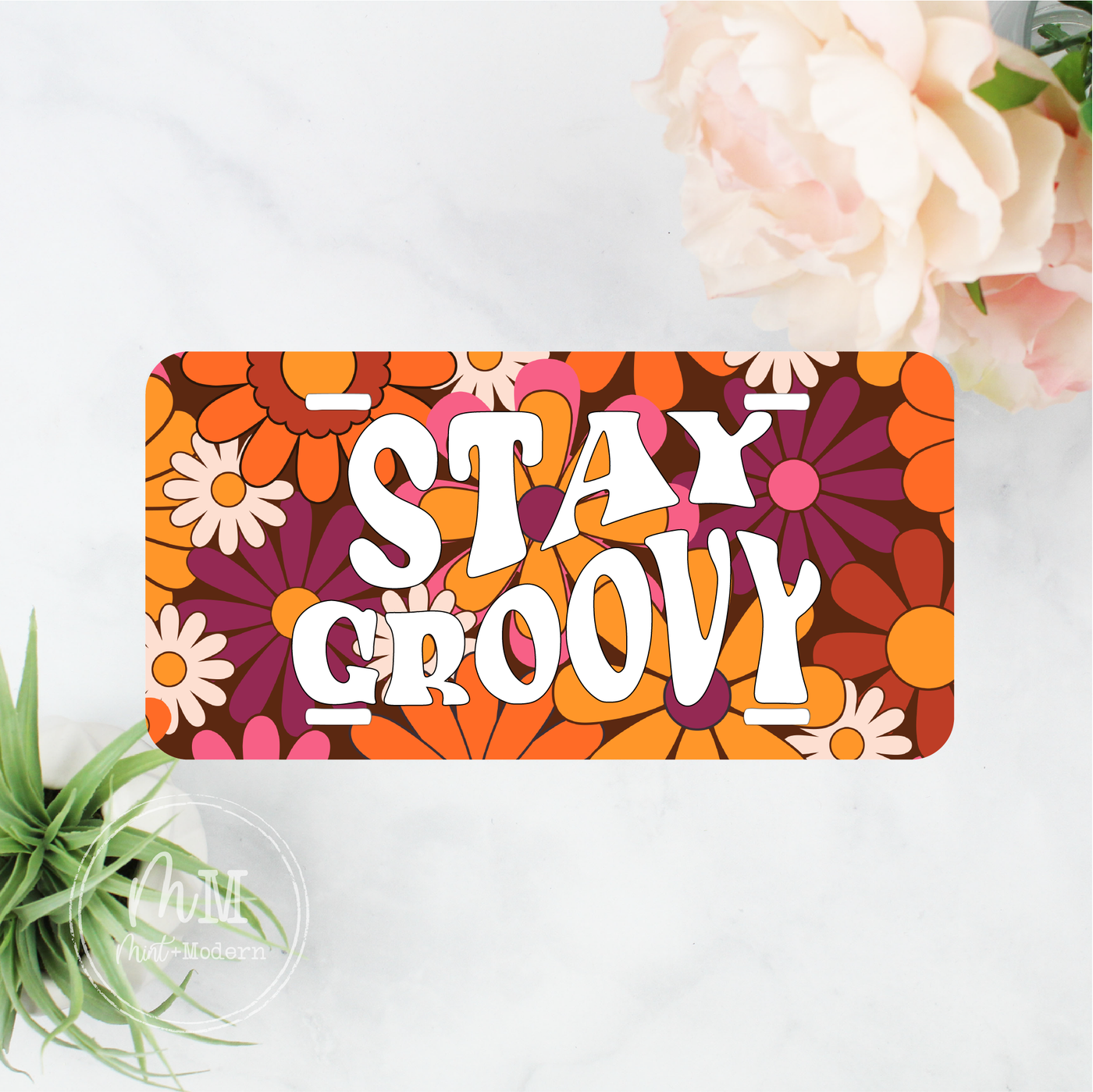 Retro Floral Stay Groovy Front License Plate