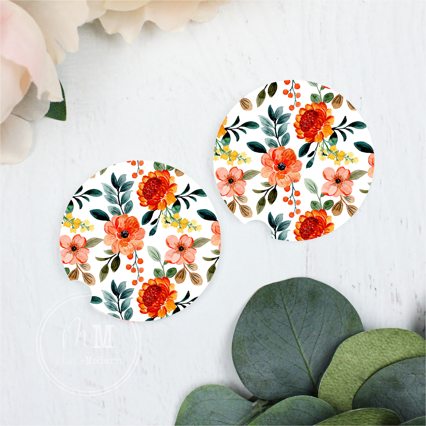 Autumn Spice Floral Ceramic Car Coaster Set 2.5" Diameter